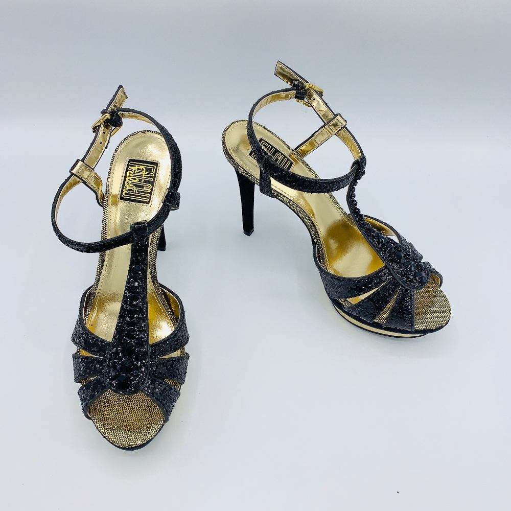 Falchi Natalie Women's Black/Gold Peep Toe Heels